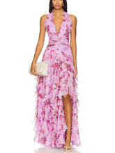 Leopard Floral Print Ruffled High Slit Halter Maxi Dresses