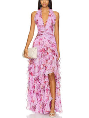 Leopard Floral Print Ruffled High Slit Halter Maxi Dresses