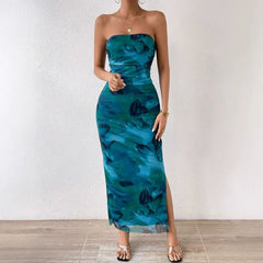 Floral Print Strapless Slit Hem Mesh Maxi Dresses - Blue Pre Order