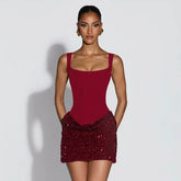 Lace Patchwork Rhinestone Bodycon Backless Slip Mini Dresses - Red
