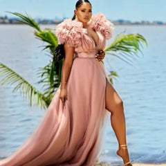 V Neck Tulle Ruffle Maxi Dress