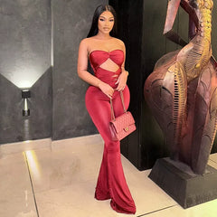 Twisted Strapless Cutout Corset Straight Leg Party Jumpsuit - Red