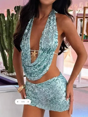 Shimmering Knit Halter Plunge Neck Cutout Mini Dresses