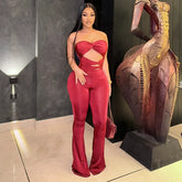 Twisted Strapless Cutout Corset Straight Leg Party Jumpsuit - Red
