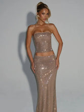 Sequin Crochet Tie Up Maxi Skirt Crop Cami 2pcs Set - Gold