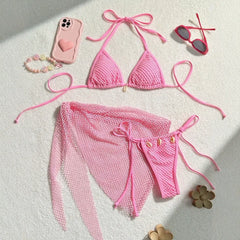 Hot Drilling Fishnet Backless Halter Neck Bra Mini Skirt Matching Set