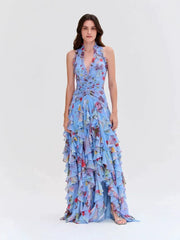 Leopard Floral Print Ruffled High Slit Halter Maxi Dresses