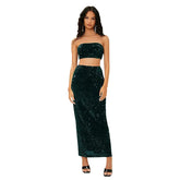 Sequin Decor Knit Halter Bra Fitted Maxi Skirt 2pcs Set - Champagne