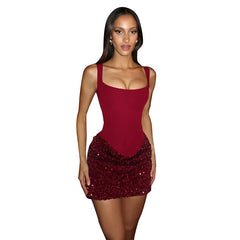Lace Patchwork Rhinestone Bodycon Backless Slip Mini Dresses - Red