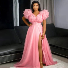 V Neck Tulle Ruffle Maxi Dress