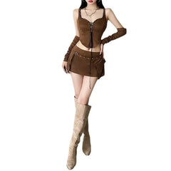 Beady Strapless Top Faux Leather Fitted Mini Skirt 2pcs Set - Brown