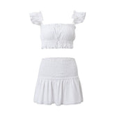 Layered Ruffled Tie Up Crop Cami Sash Mini Skirt 2pcs Set - Beige