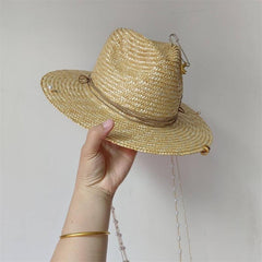 Light Coffee Straw Punk Hat with Pearl Chain