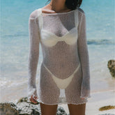 SwimwearKnitted Beach Resort Dress Long Sleeve Hollow Out See Through