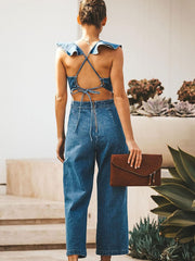 Rückenfreier ärmelloser Jeans-Jumpsuit mit Rüschen
