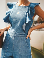 Rückenfreier ärmelloser Jeans-Jumpsuit mit Rüschen