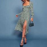 Square Neck Long Sleeve Split Print Dress