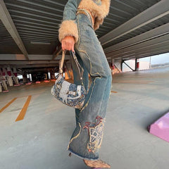 Raw Embroidered Low Rise Distressed Jeans