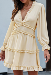 Black/Sky Blue/Blue/Green/Beige V Neck Ruffle Detailing Open Back Dress