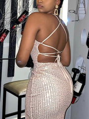 Sequin Halter Lace-up Slit Dress