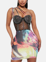 Rhinestone Mesh Printed Spaghetti Strap Dress
