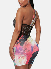 Rhinestone Mesh Printed Spaghetti Strap Dress