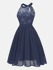 Vestido midi sin mangas de gasa con encaje