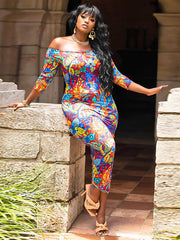 Bedrucktes schulterfreies Maxikleid