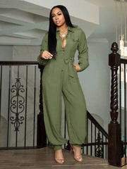 V Neck Turndown Collar Belt Jumpsuit