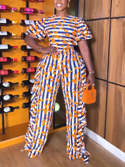 Striped Leaf Print Ruffle Jumpsuit