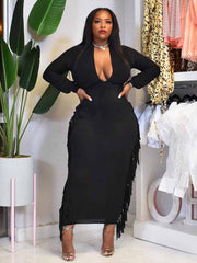 Vestido largo con escote en V y borlas