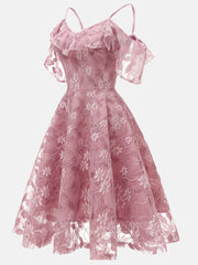 Vestido de fiesta con hombros descubiertos y encaje floral