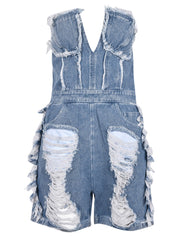 Ripped Strapless Denim Rompers
