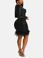 Minivestido de patchwork con plumas y lentejuelas