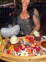 One Sleeve Rhinestone Slit Mesh Dress