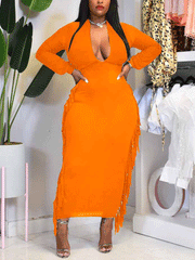 Vestido largo con borlas y escote en V profundo