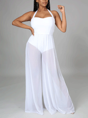 Mono de malla con pernera ancha y cuello halter