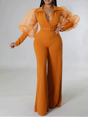 V Neck Mesh Sleeve Belted Jumpsuit