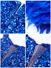 Vestido con hombros descubiertos y lentejuelas y plumas