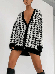 Cárdigan de punto con cuello en V y estampado de pata de gallo