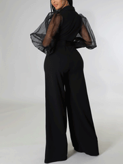 V Neck Mesh Sleeve Belted Jumpsuit