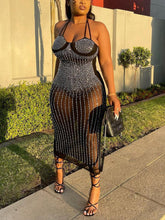 Strass-transparente Spaghettiträger-Midikleider