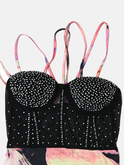 Rhinestone Mesh Printed Spaghetti Strap Dress