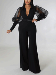 V Neck Mesh Sleeve Belted Jumpsuit
