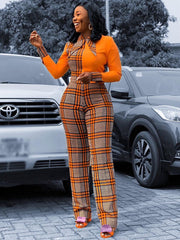 Turndown Collar Plaid Jumpsuit