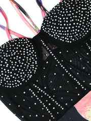 Rhinestone Mesh Printed Spaghetti Strap Dress