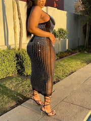 Strass-transparente Spaghettiträger-Midikleider