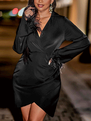 V Neck Fringed Sleeve Mini Dress