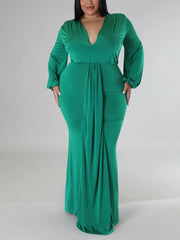 Vestido fruncido con escote en V profundo y color liso