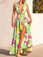 V Neck Floral Slit Dress